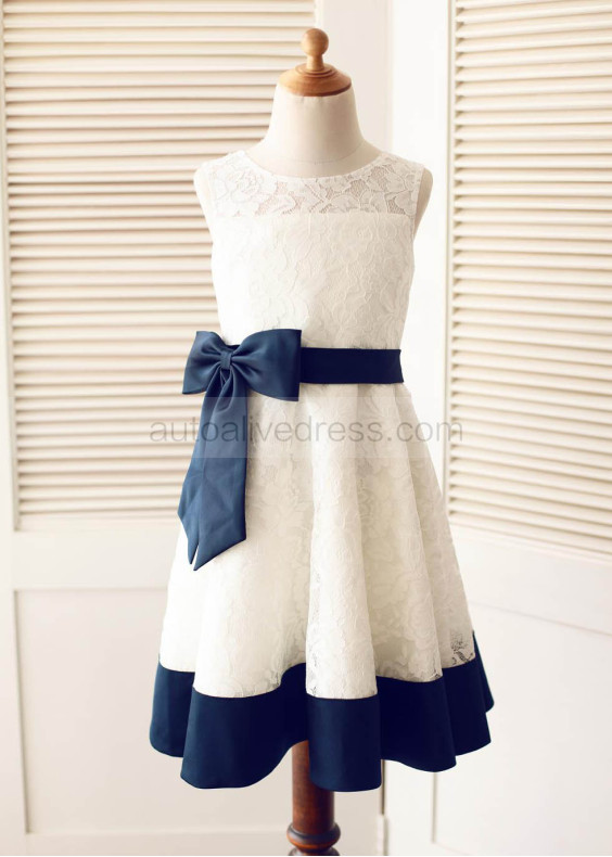 Ivory Lace With Navy Blue Bow Sash Knee Length Flower Girl Dress